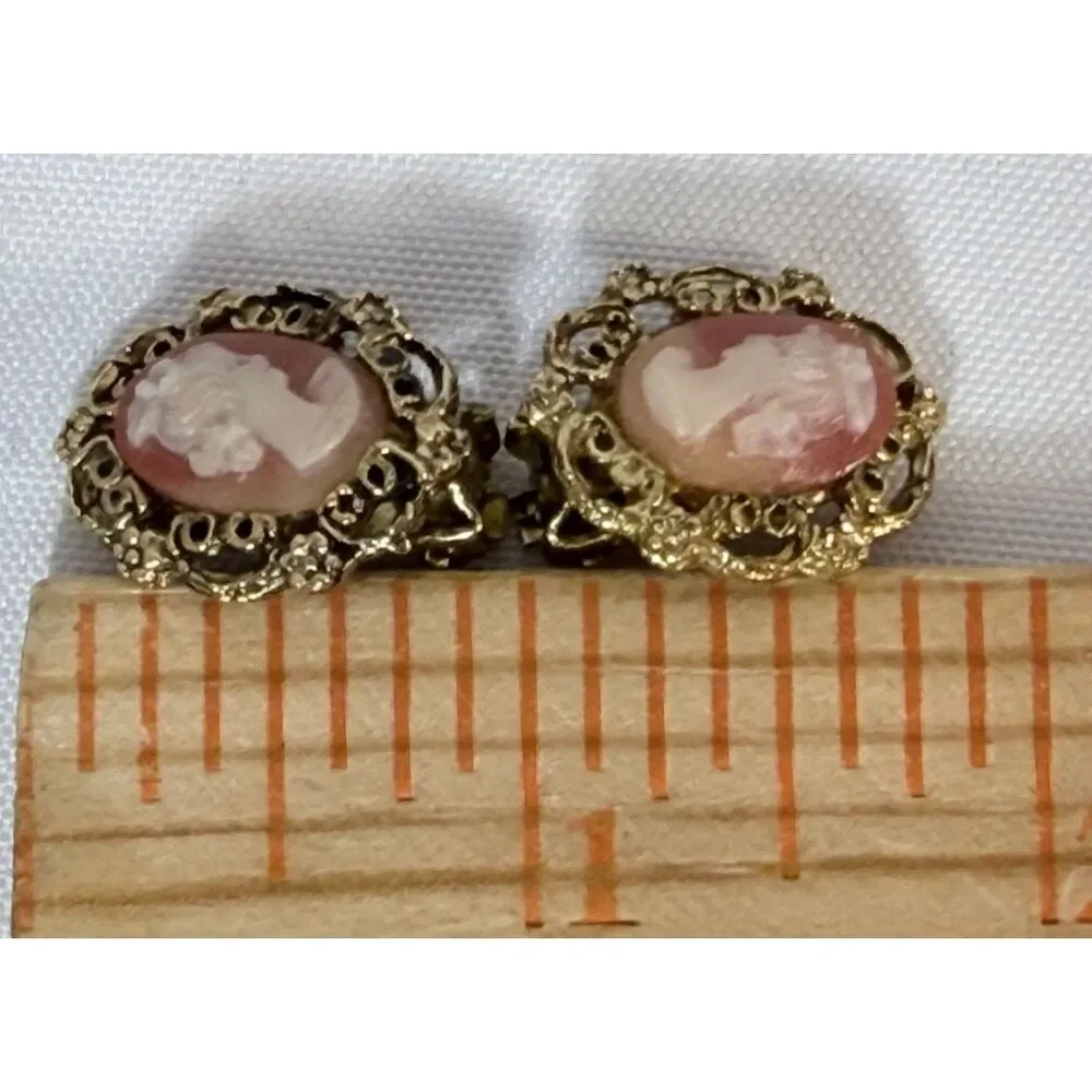 VTG Cameo Pink Resin Gold Tone Filigree Clip on Earrings Pin Brooch Victorian